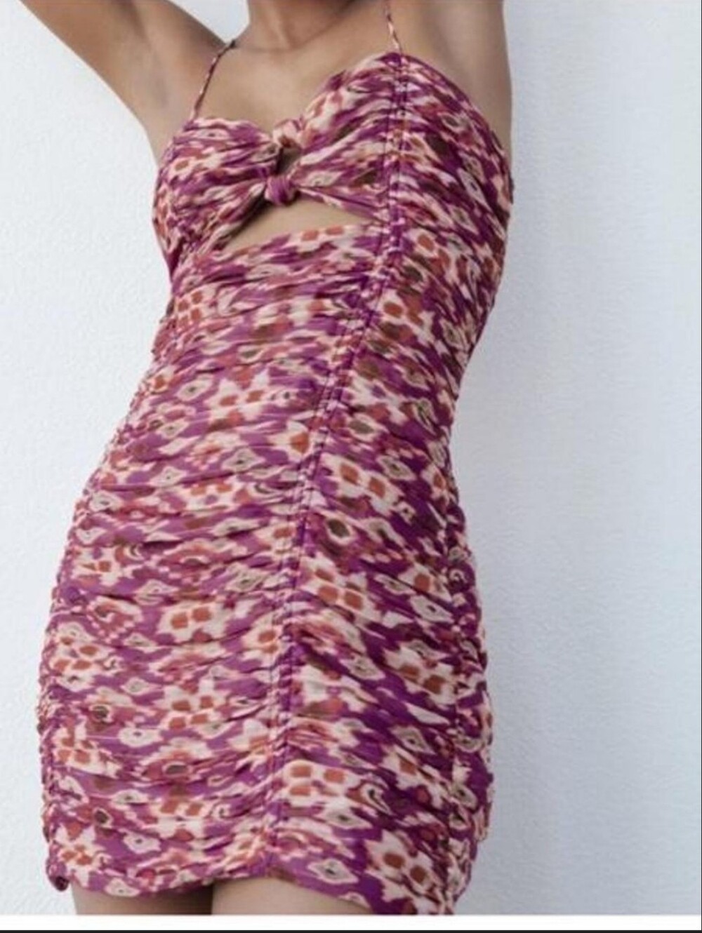 ZARA Ruched Purple Print Mini Dress with Cutout